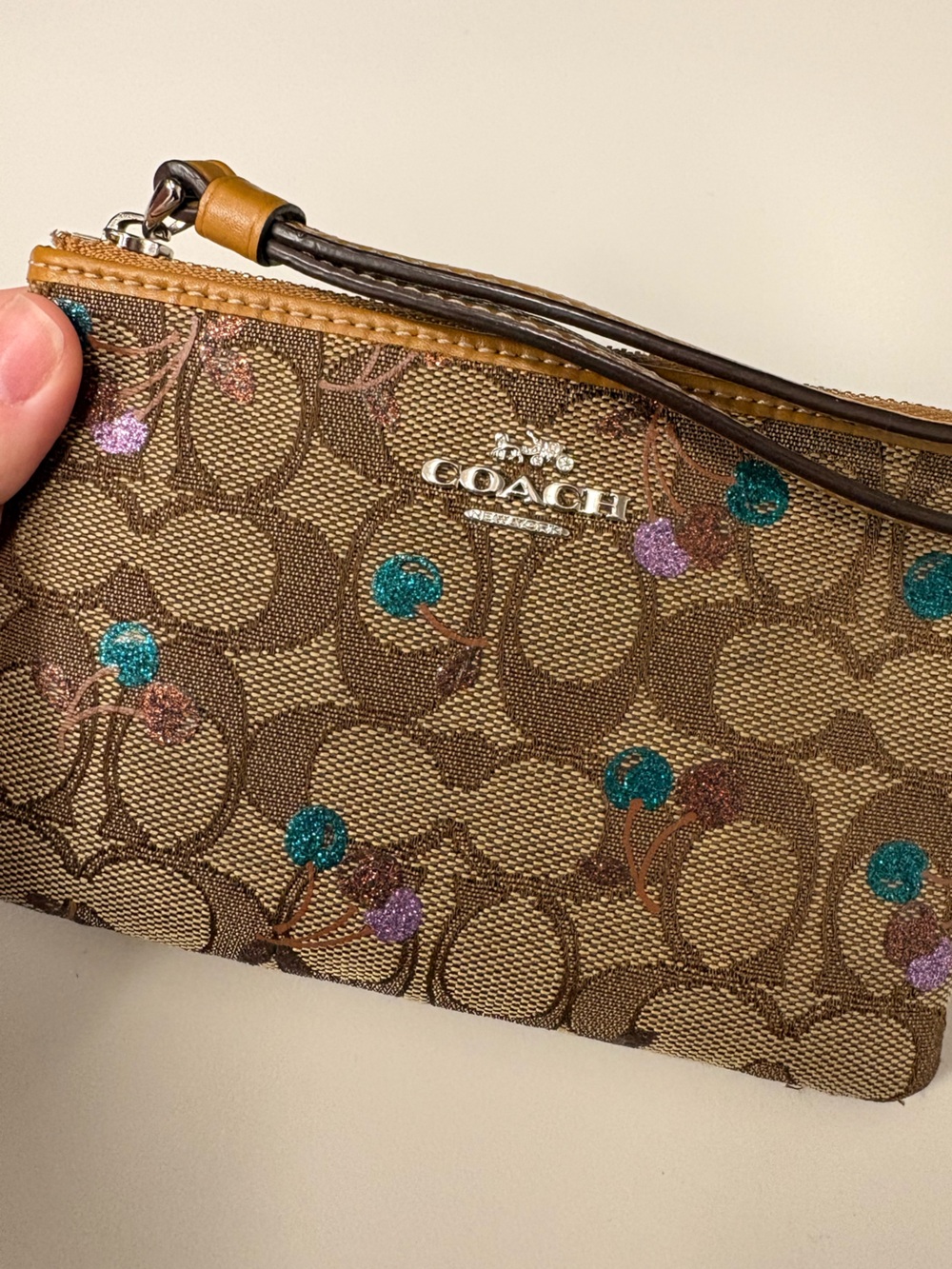 Coach Brown Signature Canvas Wristlet with Teal & Purple Cherry Accents